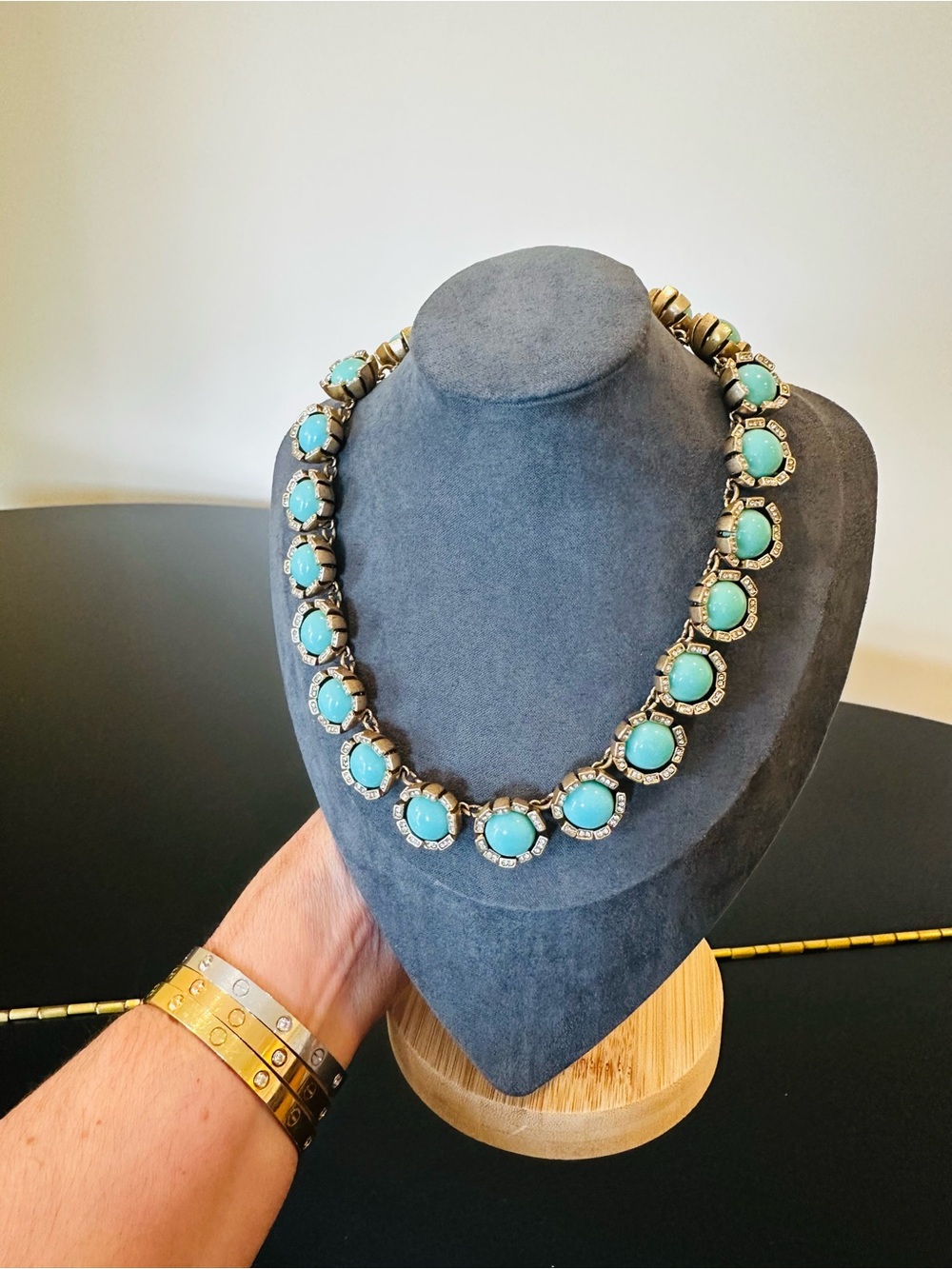J.Crew Vintage Retro Spring Summer Turquoise CZ Water Lily Statement Necklace - Picture 3 of 17